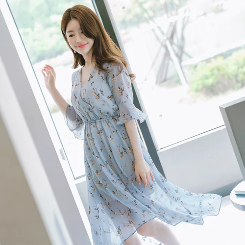 

La MaxPa Summer Dress 2019 New Chiffon Dress Women Half Sleeve Elastic Waist Women Dress Print Flower V-Neck Maxi Dress Female