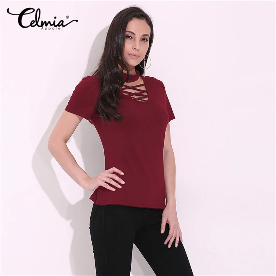 CELMIA Лето Для женщин Blusas Chocker глубокий вырез из блузки короткий рукав рубашки Обычная тонкая Однотонная футболка Oversize Топы S-4XL