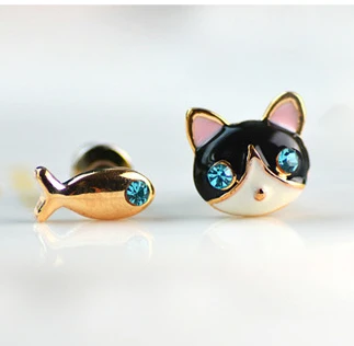 

fashion cute animal jewelry wholesale fish kitten Rhinestone stud earrings moon star asymmetric earrings women party jewelry