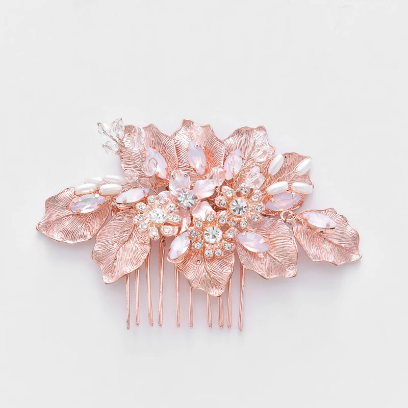 

SLBRIDAL Rose Gold Crystal Rhinestones Flower Wedding Jewelry Hair Comb Bridal Headpieces Hair Accessories Bridesmaids Women