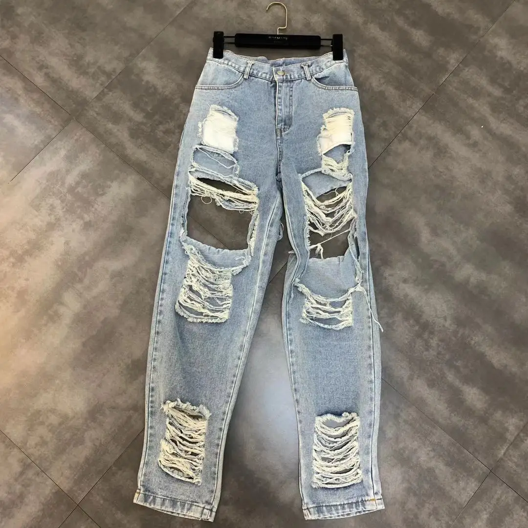 

2019 summer new personality hole decoration wash trend street jeans women