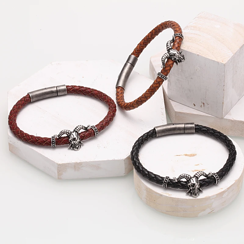 

Mcllroy 2019 Fashion Jewelry Punk Weave Genuine Leather Bracelet Men Stainless Steel Cow Head Accessaries Male Bangles pulseras