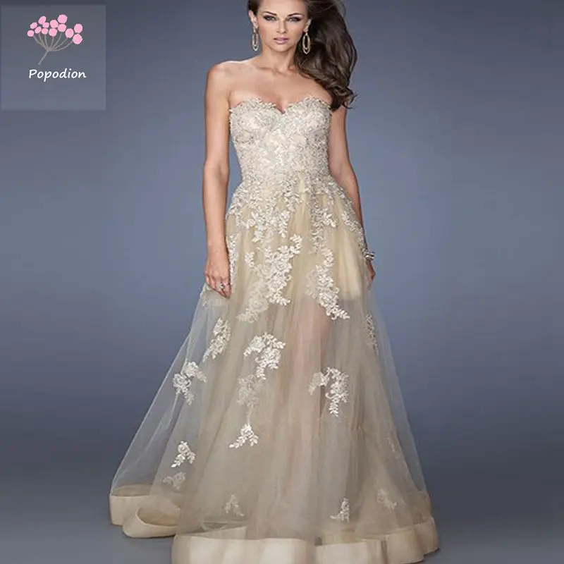 

Formal evening gowns lace champagne evening dresses party dress long evening dresses vestido de festa longo ROM80076