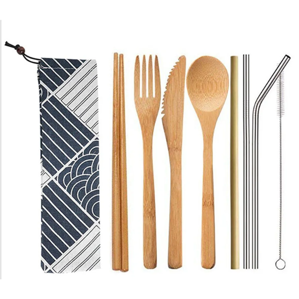 

Bamboo Straw Spoon Fork Chopstick Cutlery Set Flatware Travel Picnic Knife With Cloth Bag Portable Reusable Kitchen Utensil