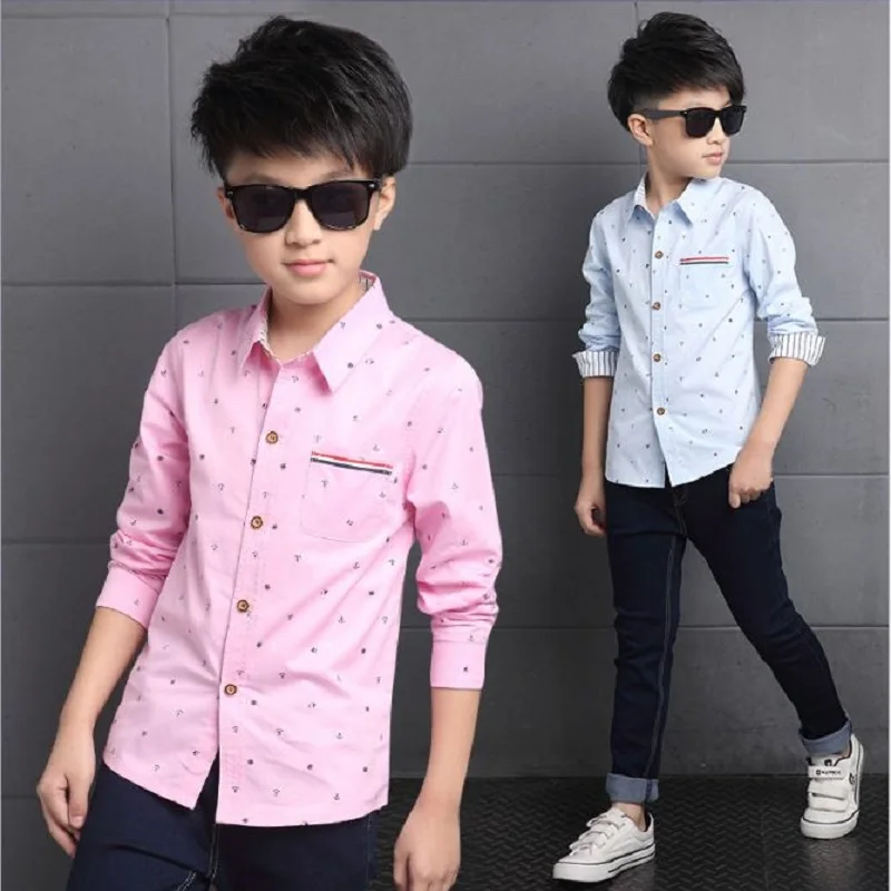 Рубашки в горошек для мальчиков на весну-осень 100-160 см повседневные хлопковые блузки для детей, одежда в подарок