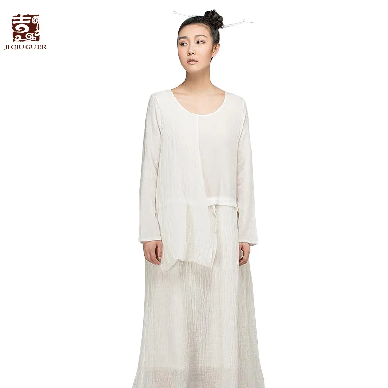 Jiqiuguer Women White Long Cotton Dresses Vintage Plus Size O neck Pleated Patchwork Loose