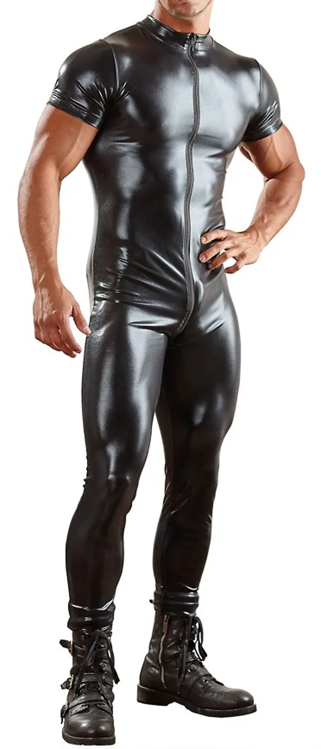 

Mens Patent Leather Bodysuit Black Mens Leather Jumpsuit Gay PU Sexy Lingerie Wetlook Catsuit Nightclub Costume Plus size
