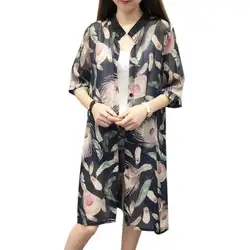 Плюс Размеры Цветочный принт шифон кардиган кружева длинная куртка с секциями пляжные Для женщин Повседневное летние футболки в Корейском