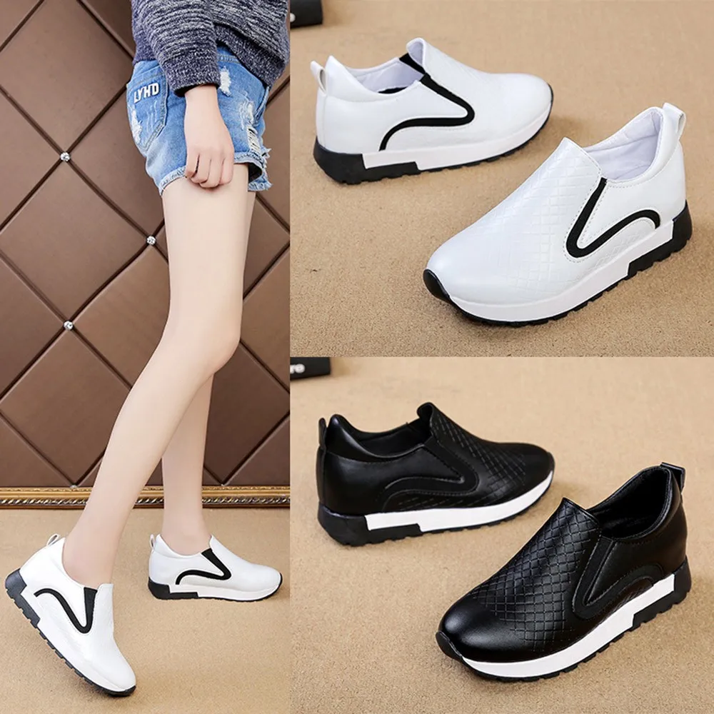

Women Fashion Leather Increase Lazy Sneaker Sport Walking Round Toe Casual Shoes Woman Flat Shoes Top Fashion High Style Solid