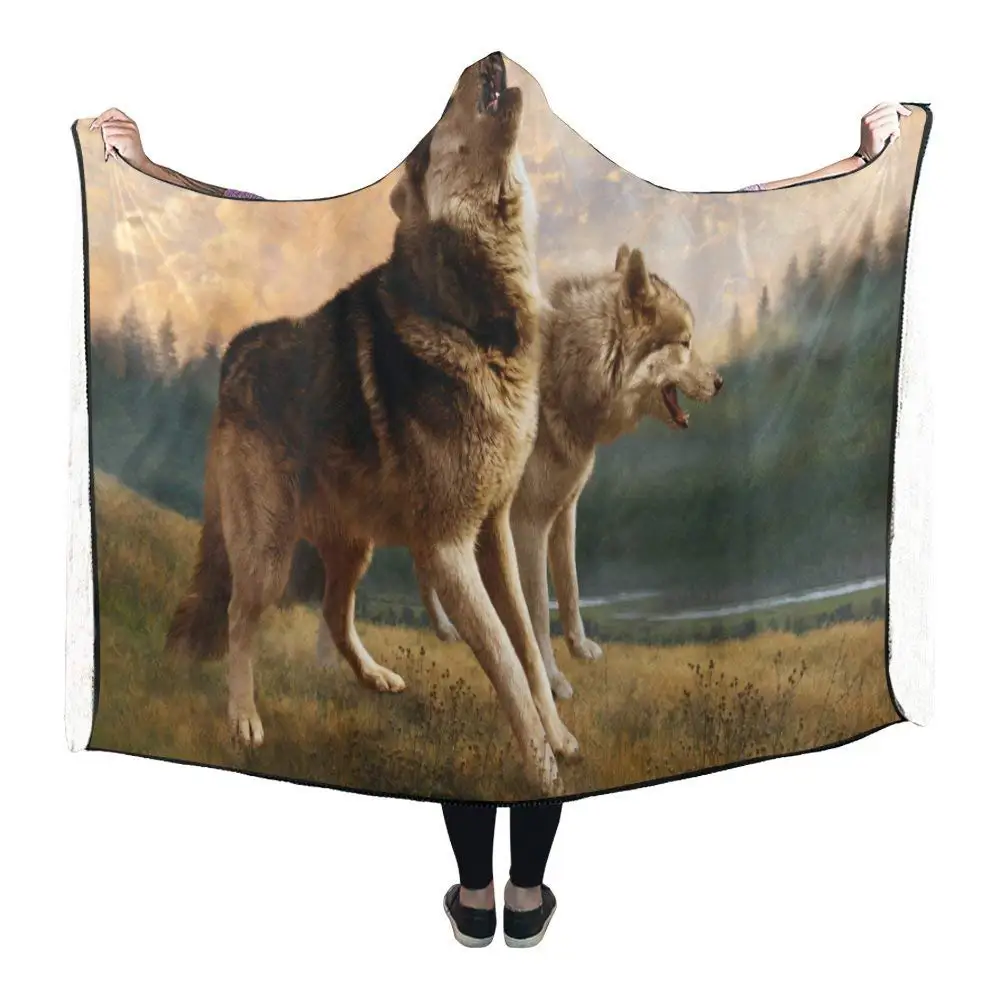 Hooded Blanket Wolf Wolves Pilling Polar Fleece Hooded Throw Wrapin