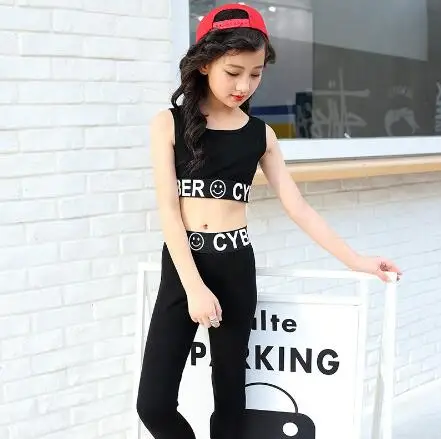 

Girls JAZZ Hip Hop Dance Competition Costume Summer Kids Black Tops + Pants 2pcs Sport Suit Clothes Teenage Girl Dance Wear