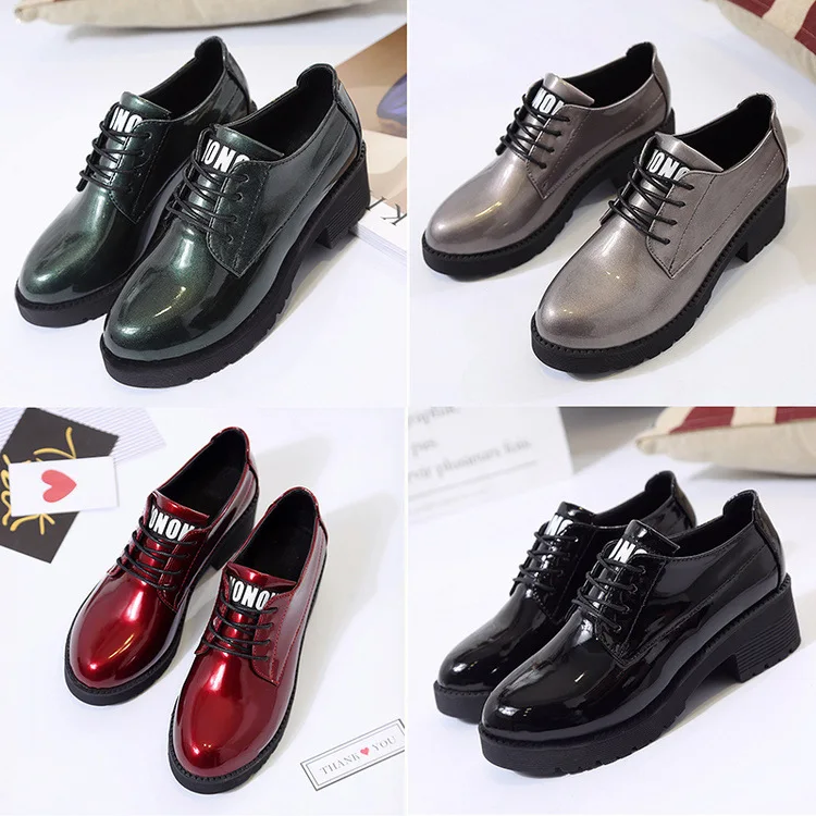 

Autumn Non-slip with Round Head Shallow Lacquer Leather Single-shoe Tie Women's Middle Heel Thick Heel Large Size Women's Shoes