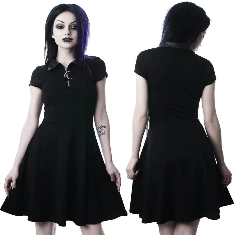Goth Dark Grunge Aesthetic Vintage Pleated Evenging Party Dresses Gothic Elegant Solid Zipper Dress Patchwork Ruffle Vestidos