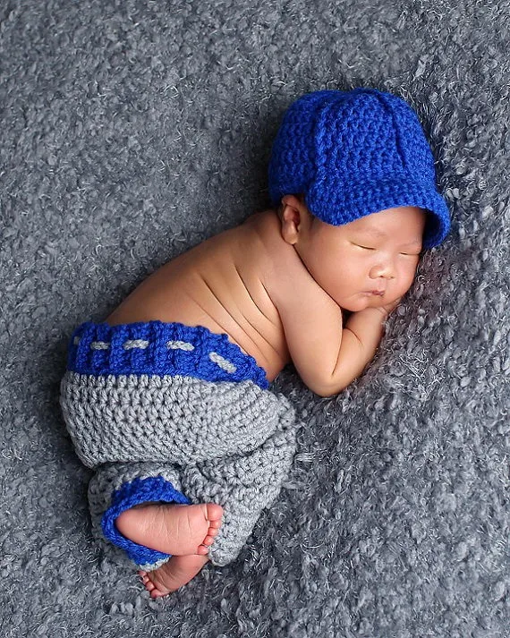 Хлопковые шапочки для новорожденных, вязаная крючком детская синяя шляпа для газетчика со штанами комплекты для малышей, детские шапки, Новорожденные крючком Фотография Prop