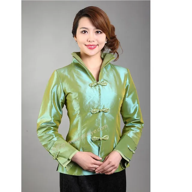 Green Middle Aged Mother Satin Overcoat Chinese Traditional Long Sleeve ...