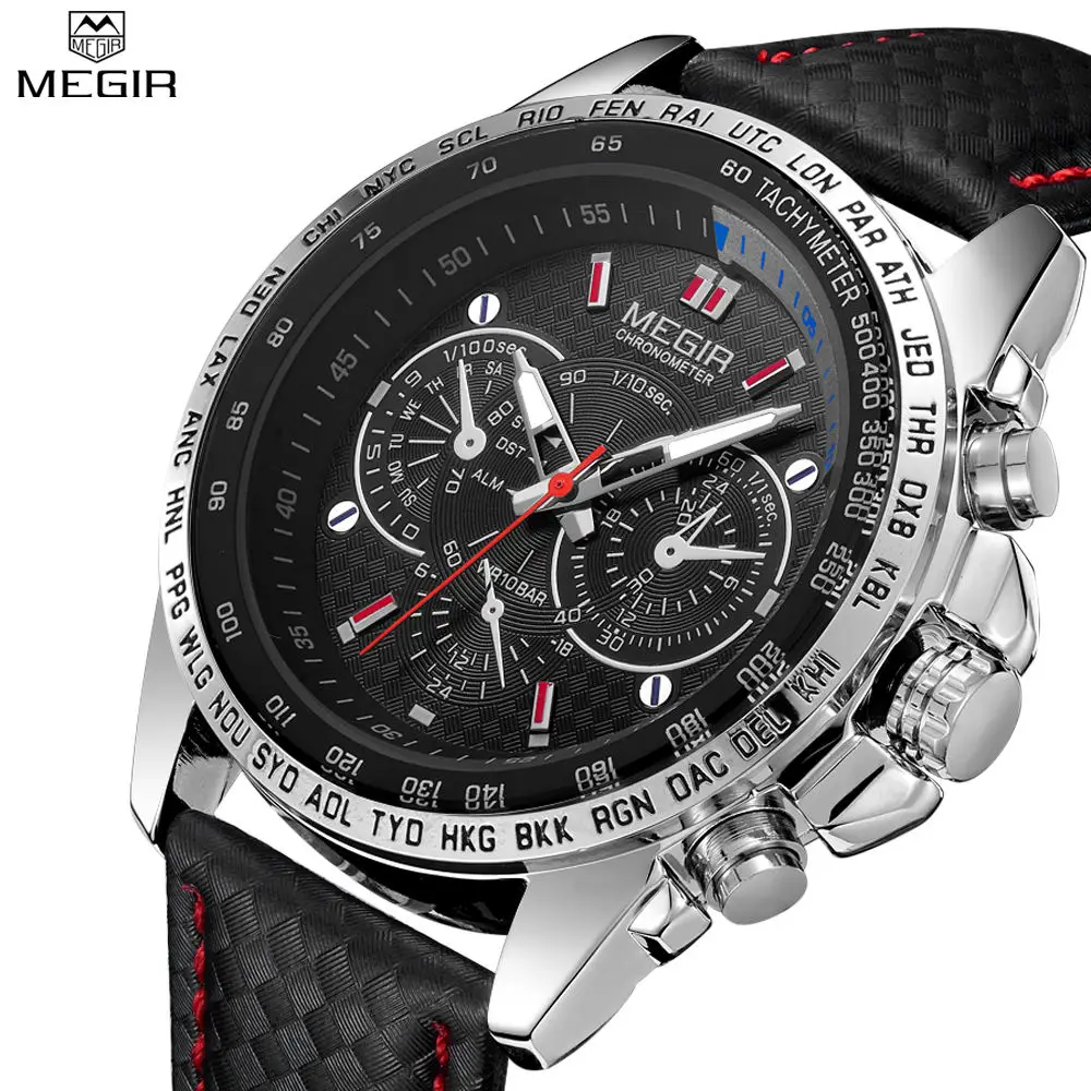 Мужские повседневные часы MEGIR, повседневные кварцевые часы, знаменитые мужские часы, черные кожаные Наручные часы для мужчин, MG1010 Relogio Masculino - Цвет: Черный