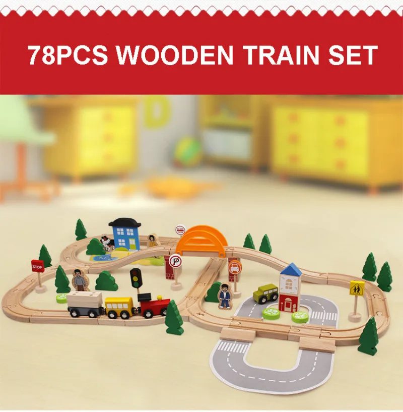 

78pcs Children DIY Railway Car Toy Wooden Track Toys Puddle Jumper Assemble And Build Toys Set Birthday Gift For Kids