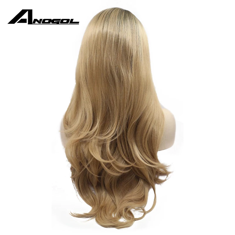 Anogol Glueless Synthetic Lace Front Wig Long Body Wave Blonde Ombre Dark Roots Heat Resistant Fiber Fully Hair Wigs For Women