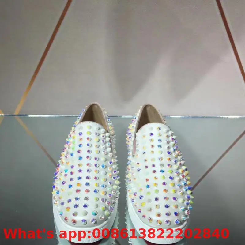 

Low Cut Leisure Shoes Elastic Band Beige Leather Pearl Rivets Whole Red Bottom For Men Sneakers Flat Loafers Casual