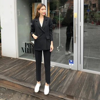 Pants suits elegant woman spring and autumn fashion solid color black office ladies business professional OL two-piece suit black solid color swimwears two piece outfits