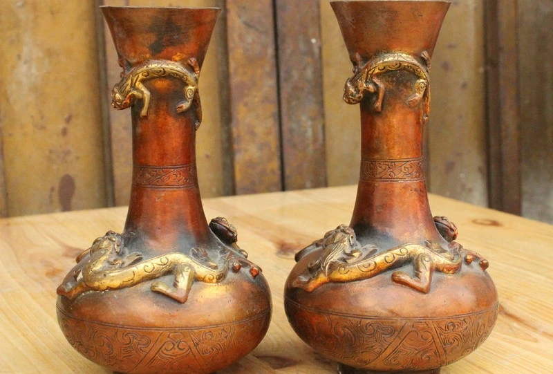 

7" Rare Chinese Royal Bronze Gilt Ancient Chi Dragon Beast Statue vase Pot pair