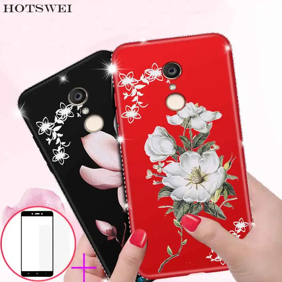 

NEW Rhinestone Case For Xiaomi Redmi Note 4 X 4X SLIM 3D Relief Pattern Protective Cover + Redmi NOTE 4X Glass Screen Protector