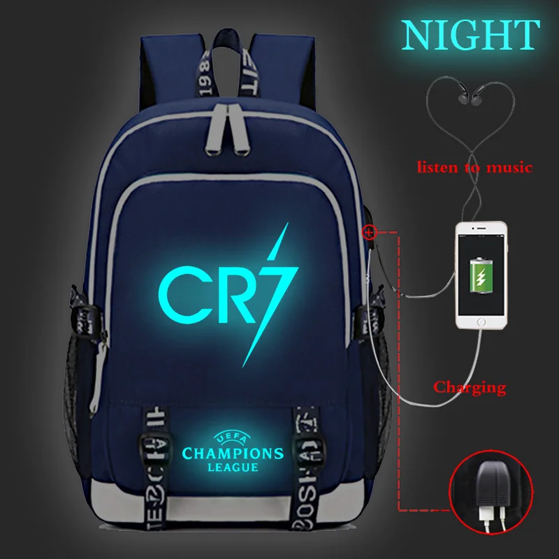 CP7 Ronaldo напечатанный w/USB порт рюкзак с отражающими вставками для мальчиков и девочек мужчин и женщин модные дорожные сумки школьная сумка для подростков ноутбук книга сумки - Цвет: 009