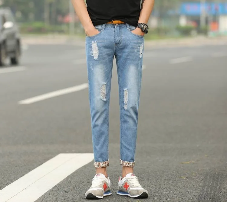 2017 новые модные мужские джинсы с декоративными отверстиями мужские джинсы мужские повседневные прямые джинсы Размер 28-36 E015B