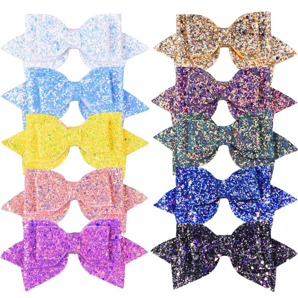 10 Pieces Glitter Hair Bows 5 Inch Bling Party Hair Bows Clips Multi