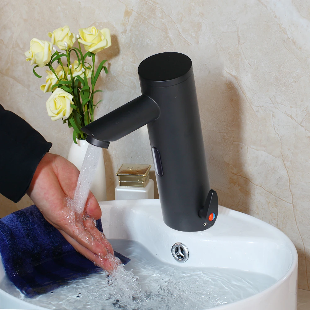 Смеситель для ванной комнаты, Черный кран с одним отверстием, автоматические смесители с датчиками, индуктивный умывальник, водопроводный смеситель, кран