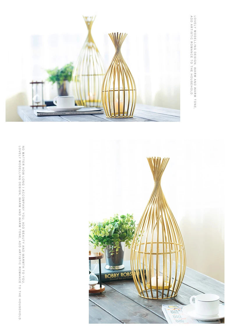 Golden Wrought Iron Geometric Candlestick Romantic Ornament Decoration Candle Light Dinner Props Small 1-Pcs