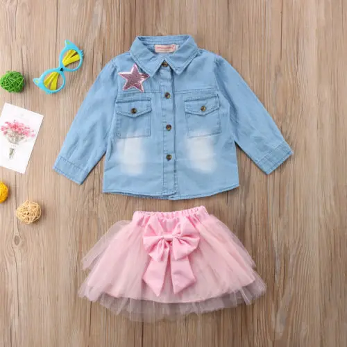 Toddler Kid Baby Girls Casual Jeans Denim Tops T shirt Shirt And Lace Bow knot Skirt Dress Outfits