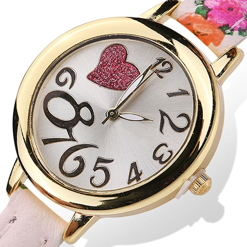 

2016 New Arrival Women Sweet Heart Watches Large Arabic Numerals Floral Strap Quartz Wrist Watch