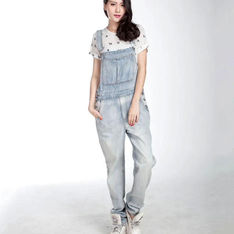 Free Shipping XS-5XL Long Trousers For Tall Women Denim Bib Pants Loose Plus Size Spaghetti Strap Hiphop Light Blue Overalls