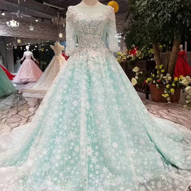 Элегантное кружевное свадебное платье с длинным рукавом Королевский синий круглый воротник свадебное платье 2019 Новое ТРАПЕЦИЕВИДНОЕ