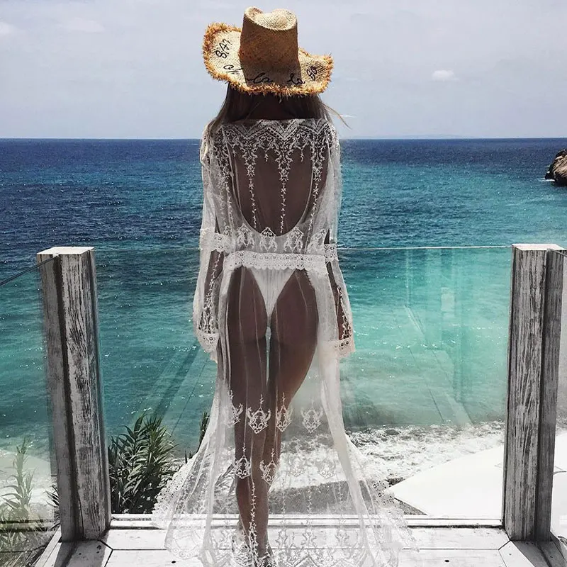 ZAFILLE Robe De Plage женское Бандажное парео кружевное Сетчатое лоскутное бикини накидка