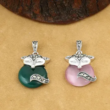 

FNJ MARCASITE Fox Pendant 925 Silver Hang Green Pink Stone Pure S925 Thai Silver Pendants Women for Jewelry Making