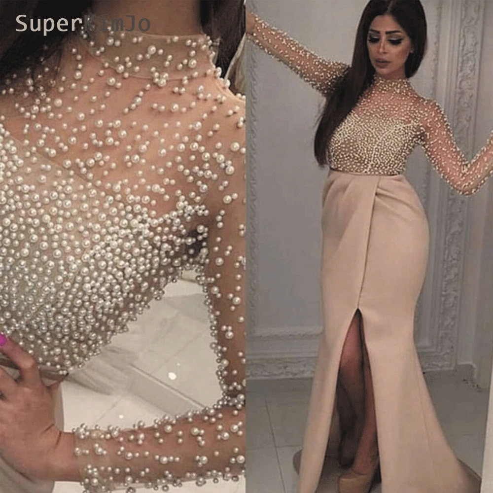 SuperKimJo вечернее платье с высоким горлом, роскошное вечернее платье с длинным рукавом и бисером в арабском стиле для женщин, Robe De Soiree