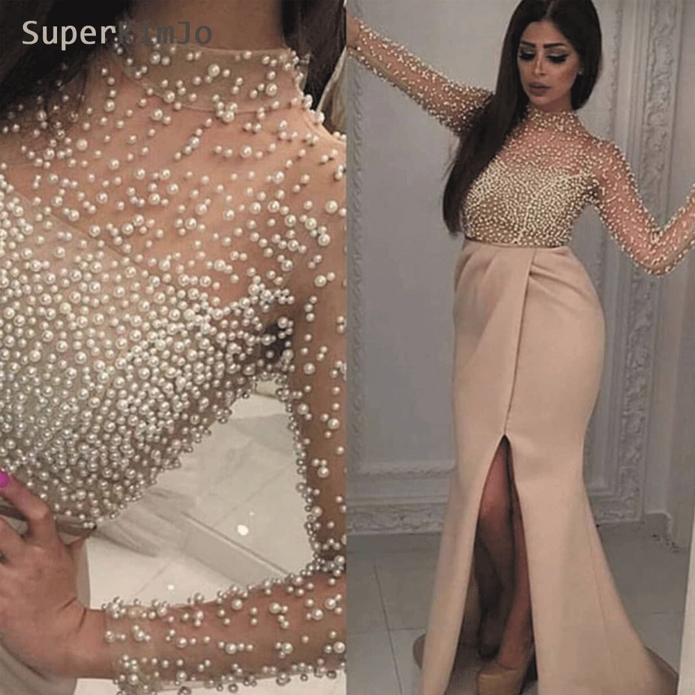 SuperKimJo High Neck 2019 Evening Dresses Long Sleeve Luxury Beaded Arabic Evening Gown for Women Robe De Soiree SuperKimJo High Neck 2019 Evening Dresses Long Sleeve Luxury Beaded Arabic Evening Gown for Women Robe De Soiree