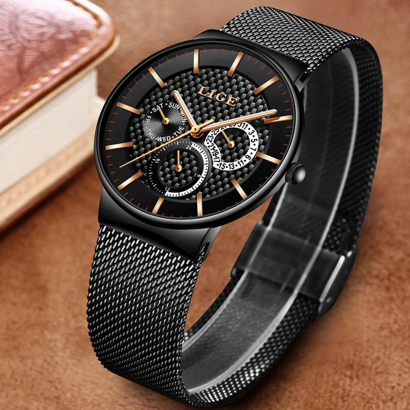 

LIGE Luxury Brand Casual Watches Men Simple Business Quartz Watch Man Mesh Strap Date Fashion Black Clock Relogio Masculino