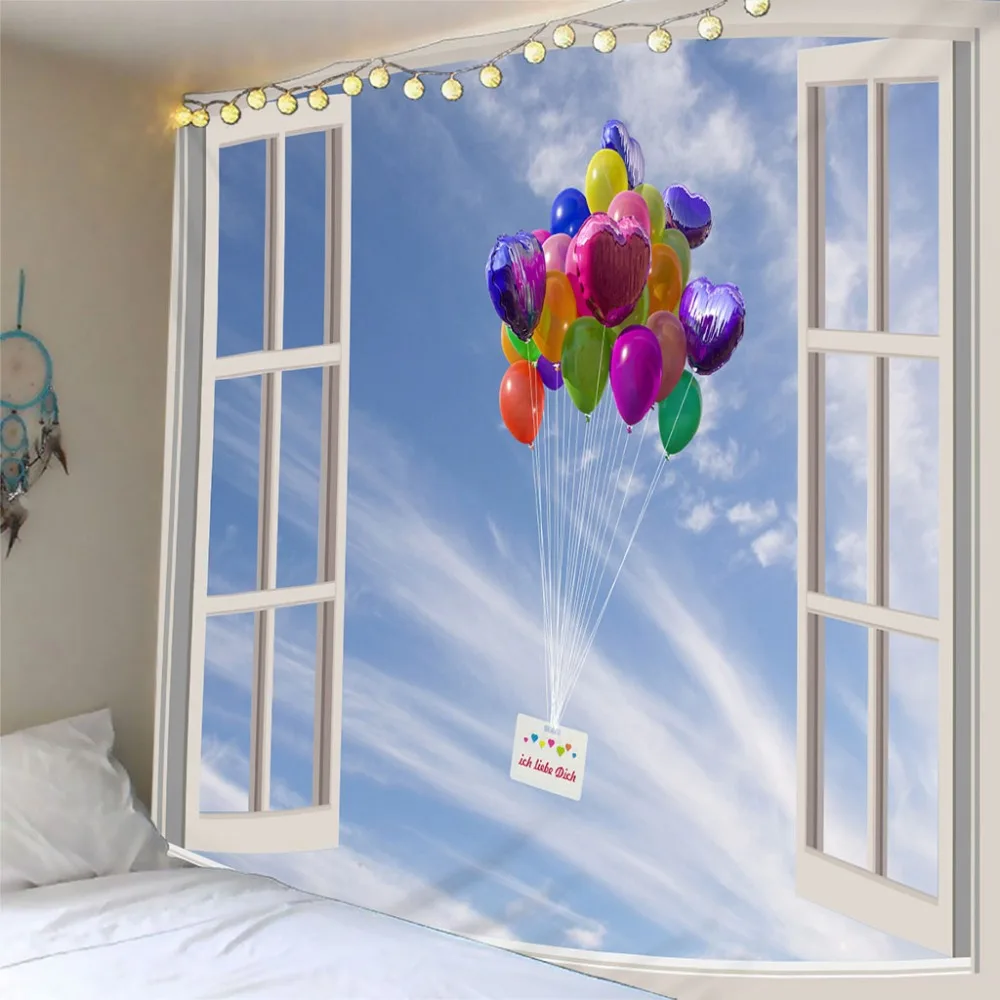 

3D balloon Tapestries Wall Hanging Scenery outside the windo Tapestry Camping Tent Travel Sandy Beach Throw Bed Sheet Customized