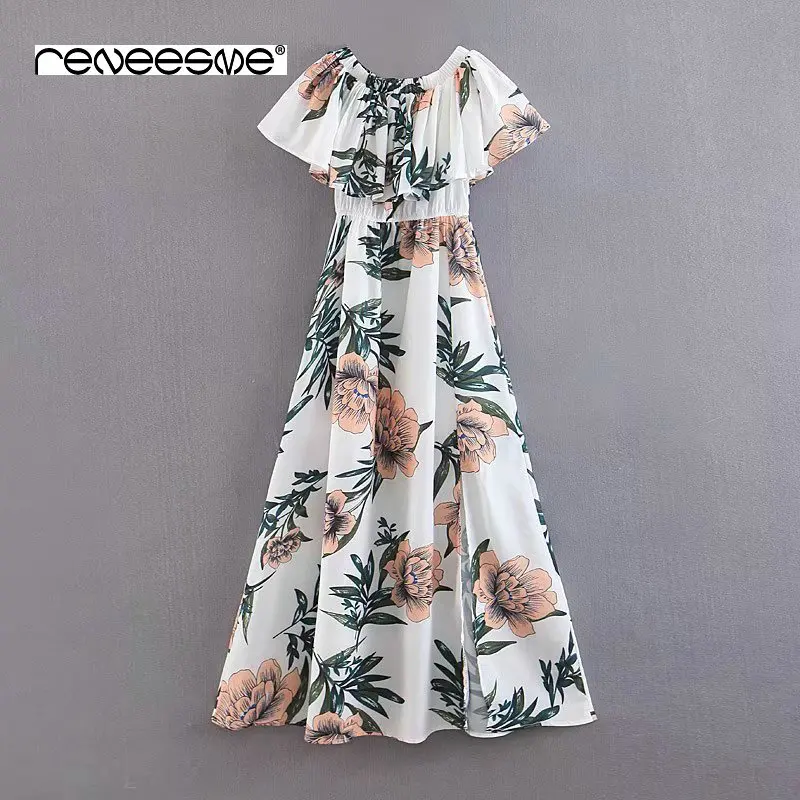 

fashion women dress short sleeve floral print ruffles elastic waist slash neck summer long a line ankle-length ladies dresses