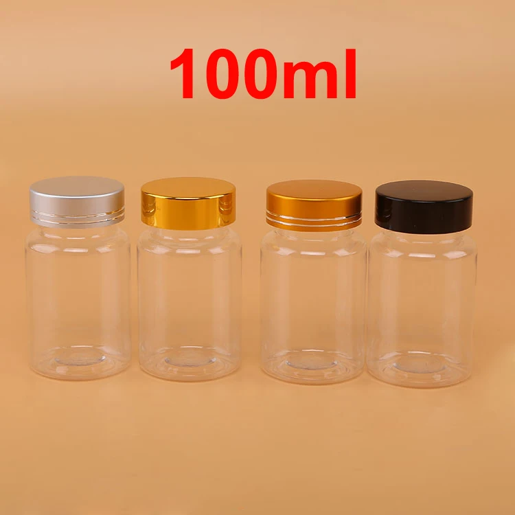 

(100pcs/lot) 100cc Transparent PET Bottles, Tablets / Capsules Bottles, 100ml Plastic Vitamine Bottle--5 Colors Caps For Choose