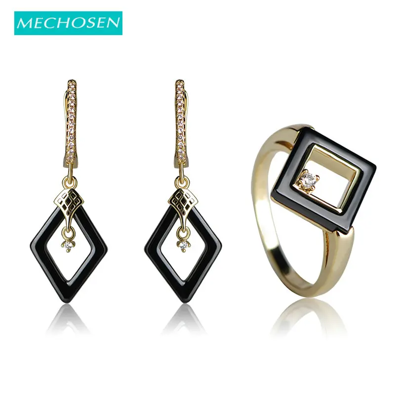 

MECHOSEN Ceramic Earrings&Rings Sets AAA Zircon Diamant Crystal Ohrringe Keramisch Anel Women Hochzeit Decoration Schmuck Sets