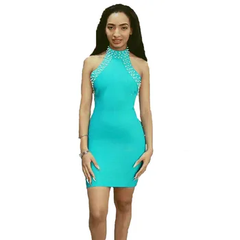 

2019 New Chic Summer Sexy Sleeveless Bandage Dress Backless Solid Beading Celebrity Party Dresses Vestidos Clubwear Wholesale