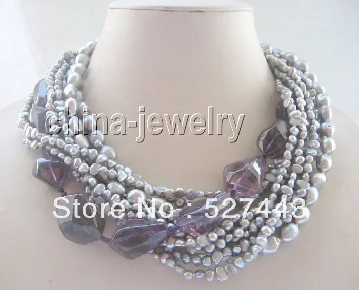 

Wholesale free shipping >>18"10row gray FW pearl and faced amethyst necklace