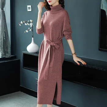 

Knitted Dress Autumn Winter New Women Turtleneck Long Sleeve Knitted Solid Elegant Lace-up Bow Side Slit Female Maxi Dresses