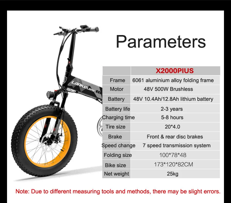 Flash Deal 20 Inch Electric Snow Bike Electric Bicycle Two Wheel Brushless Motor 500W 48V Mountain Bike Folding Portable Electric Scooter 21