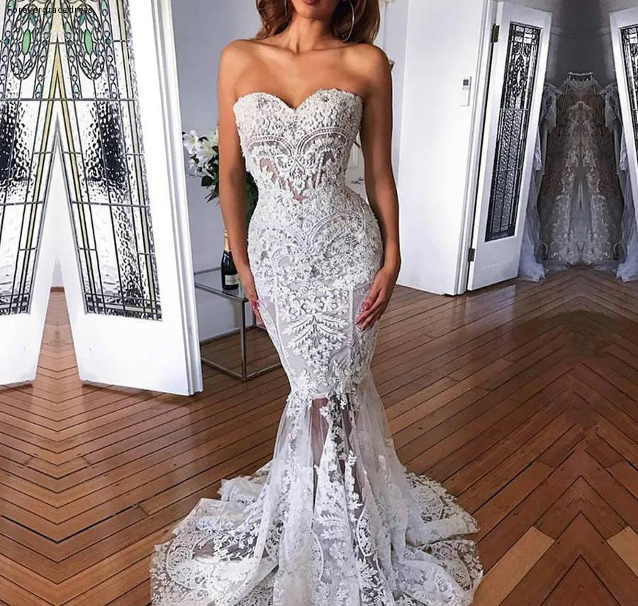New Arrival Lace Mermaid Wedding Dresses Illusion Bodice Appliques Sweetheart Sleeveless Sexy Bride Wedding Gowns Summer Boho  166