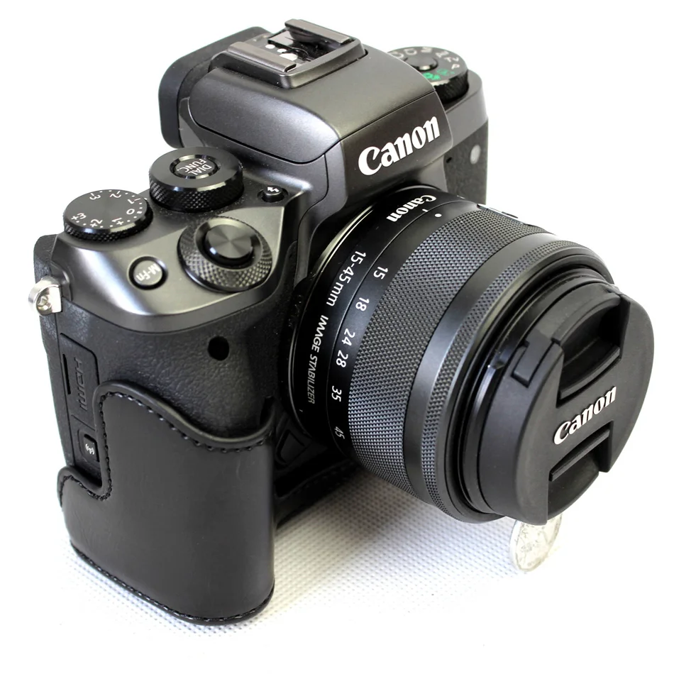 Высокое качество из искусственной кожи Камера сумка чехол для цифровой однообъективной зеркальной камеры Canon EOS M5 EOSM5 составляет 15-45 рабочих дней мм объектив с ремешком и открытым Батарея дизайн